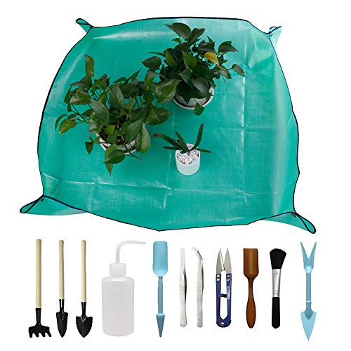 DINGJIN 1 Pcs Garden Kneelers Work Cloth Anti Dirty Gardening Transplanting Pot Pad with 11 Pieces Mini Garden Hand Transplanting Succulent Tools for Indoor Garden Plant Care