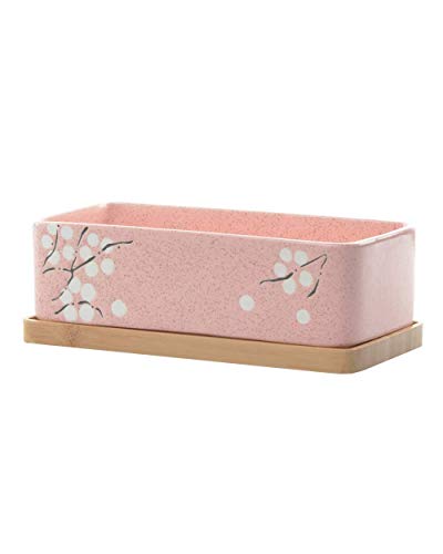 GardenBasix Ceramic Window Sill Planter Box Rectangle Flower Pot with Bamboo Tray for Indoor Succulents Tabletop Decoration 1 Pink with Tray