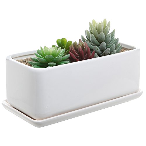10 Inch Rectangular Modern Minimalist White Ceramic Succulent Planter Pot  Window Box With Saucer