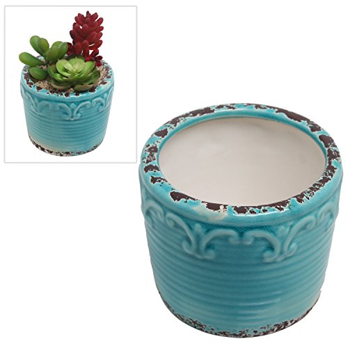 Hand Painted Turquoise Antique Style Fleur De Lis Ceramic Planter  Mini Succulent Plant Pot - Mygift&reg