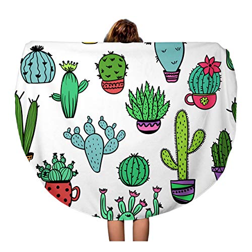 Semtomn 60 Inches Round Beach Towel Blanket Pattern Colorful of Funny Cactus and Succulent Houseplant Wild Travel Circle Circular Towels Mat Tapestry Beach Throw