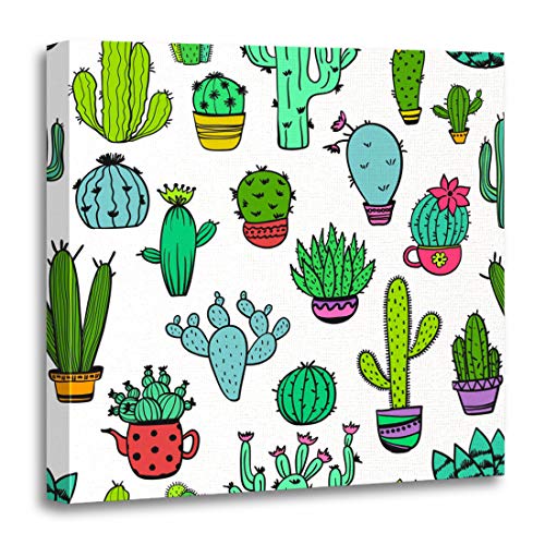 Semtomn Canvas Wall Art Print Pattern Colorful of Funny Cactus and Succulent Houseplant Wild Artwork for Home Decor 16 x 16 Inches