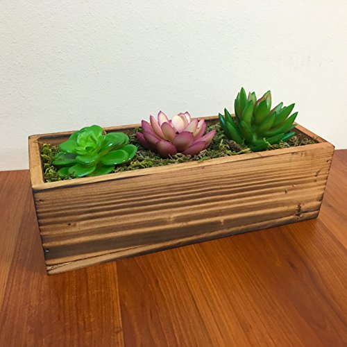 Country Rustic Wood Planter W 3 Faux Succulent Plantsamp Moss  Decorative Windowsill Plant Container Box