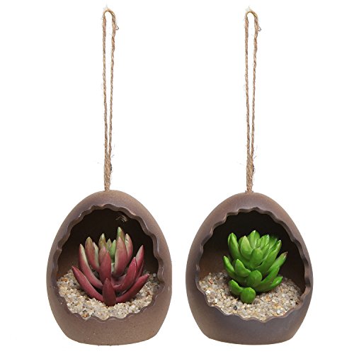 Set Of 2 Small Egg Shaped Brown Ceramic Hanging Succulent Planter Pots  Decorative Plant Containers