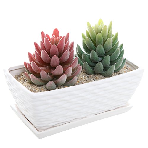 8 Inch Rectangular White Ceramic Wavy Ribbed Textured Succulent Planter  Small Flower Holder Display Pot