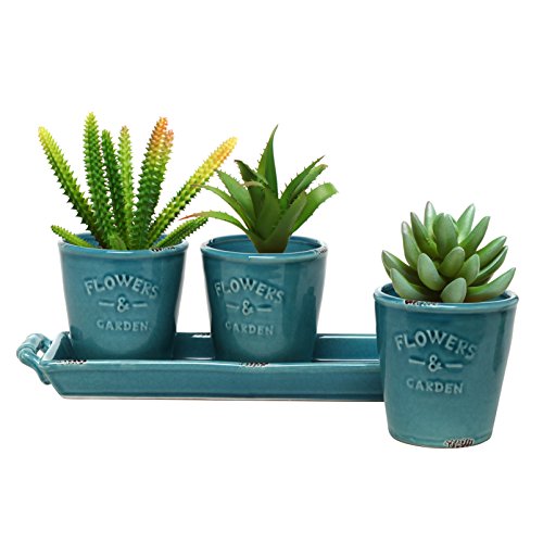 Mygift&reg Set Of 3 Country Rustic Turquoise Ceramic Succulent Planters  Flower Potsamp Handled Display Tray