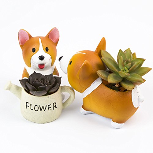 Zaray Lovely Corgi Dog Shaped Artificial Flowers Succulent Plants Pot Set Of 2