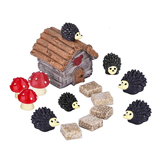 Miniature OrnamentsGovine 15pcs Miniature Fairy Garden Ornaments Hedgehog and Mushroom Set with Mini Stone House