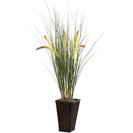 Nearly Natural Grass wCattails Bamboo Planter