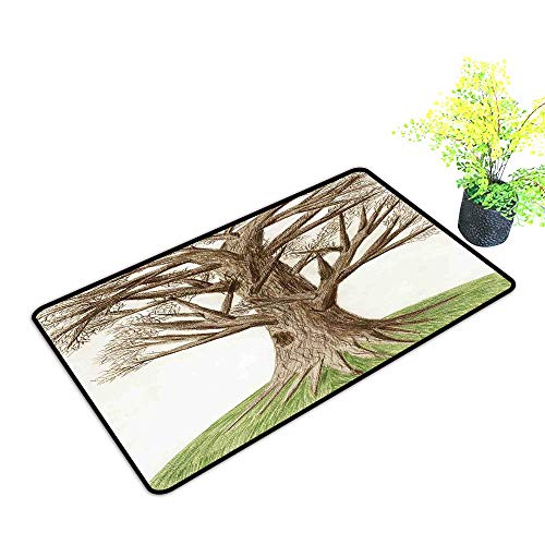 Diycon Outdoor Door mat Tree of Life Artsy Hand Drawn Pastoral Single OldTree with Growing Branches on The Grass Decor W30 xL39 Indoor Outdoor Waterproof Easy Clean Green Brown