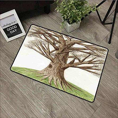 LOVEEO Indoor DoormatTree of Life Artsy Hand Drawn Pastoral Single OldTree with Growing Branches on The Grass DecorAnti-Slip Doormat Footpad Machine Washable35x47 Green Brown