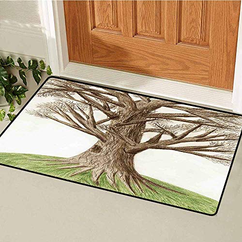 RelaxBear Tree of Life Universal Door mat Artsy Hand Drawn Pastoral Single OldTree with Growing Branches on The Grass Decor Door mat Floor Decoration W315 x L472 Inch Green Brown