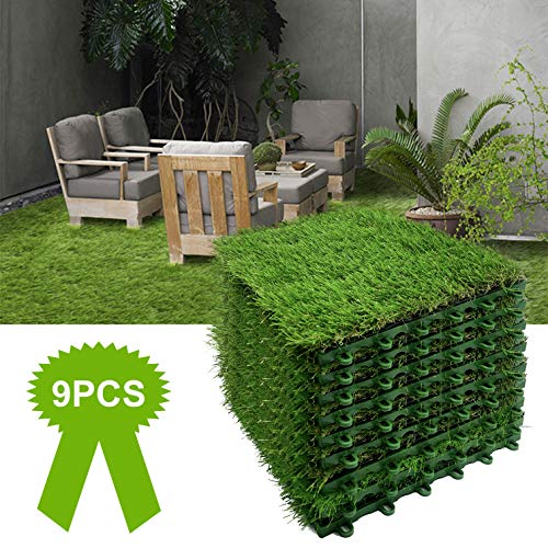 Reliancer 9PCS Artificial Grass Turf Interlocking Grass Tile Lawn Rug for Dogs Puppy Potty Pads Pet Synthetic Square Grass Carpet Golf Mat Outdoor Landscaping Indoor Flooring Decor 12x12