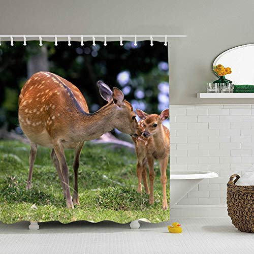 Dimanzo Shower Curtain Print Deer Baby Grass Care Walking Wood for Bathroom