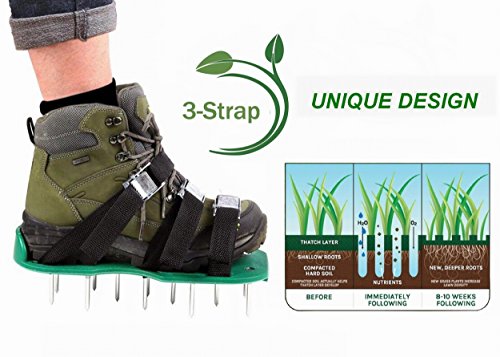 Lawn Aerator Shoes Updated with Zinc Alloy buckle Heavy Duty Spikes Aerator Sandals for Aerating Your Grass Lawn or Yard 3 Straps with Small Wrench Green