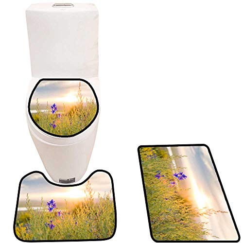 Toilet mat 3 Pieces Microfiber Soft The Grass Under The Setting Sun Non Slip Bathroom