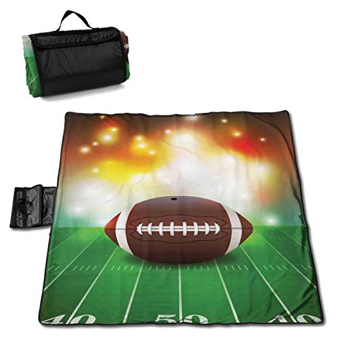 Picnic Blanket American Football Ball On Grass Sports Washable Extra Large Picnic Beach Blanket Handy Mat Plus Sandproof Waterproof Padding Portable for Family Friends Kids 57 X 59 Inch