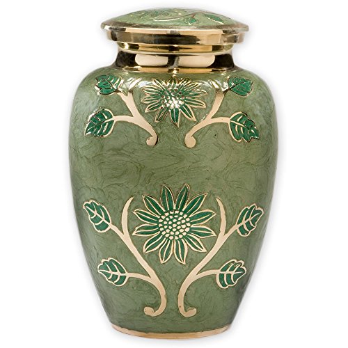 Beautiful Life Urns Green Garden Adult Cremation Urn - Exquisite Brass Funeral Urn Etched With Gold Flowers large