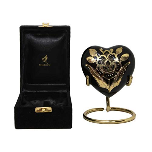 Black Heart Keepsake Urn - Mini Heart Cremation Urn for Human Ashes - Handcrafted Box Heart Urn Stand - Honor Your Loved One with Gold Black Flower Urn Heart Shaped - Perfect for Adults Infants