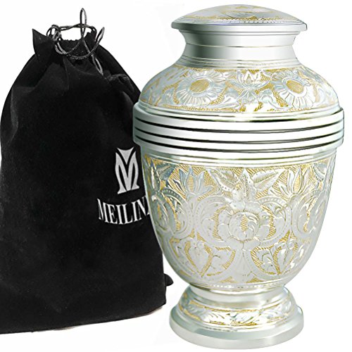Cremation Urn for Human Ashes Adult - Brass Funeral Urn for Women or Men - Metal Hand Engraving Large Urn for Adults - Display Burial At Home or in Niche at Columbarium Silvery Shine  Golden Flower