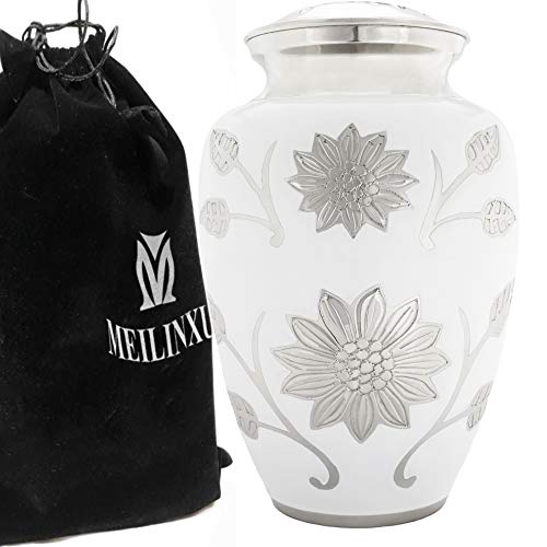 Cremation Urns for Human Ashes Adult for Women or Man - Brass Hand Engraved Silvery Sunflower  Rose - Display Burial at Home or in Niche at Columbarium White Funeral Urns for Adult Ashes Large
