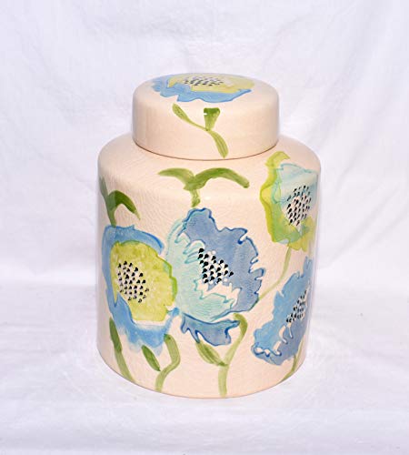 New 105 Beautiful Watercolor Blue Green Poppy Flowers Ginger Jar Vase Urn Lid