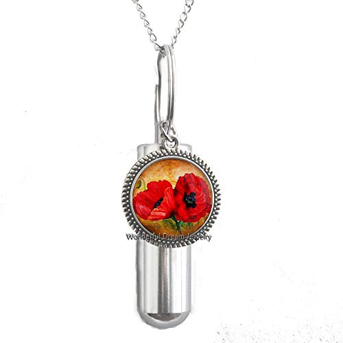 Waozshangu New Two Red Poppies Cremation URN Necklace Red Poppies URN Flower Jewelry Glass Photo Cabochon Cremation URN Necklace，PU225