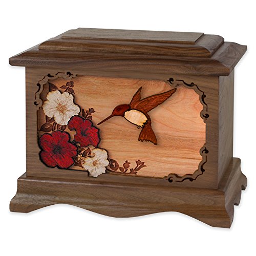 Wooden Cremation Urn - Ambassador Shape with Hummingbird Flower Nature 3-Dimensional Inlay Wood Art Memorial - Funeral Urns for Adults Walnut Wood