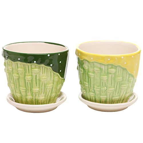 Mygift&reg Bamboo Garden Series Ceramic Flower Pot Planter W Attached Saucer - Set Of 2 - Greenamp Yellow
