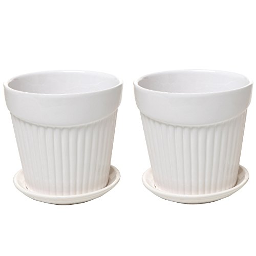Set Of 2 Small White Decorative Ribbed Ceramic Plant  Flower Planter Pot W Attached Saucer - Mygift&reg