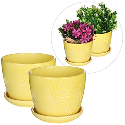 Set Of 2 Yellow Sunburst Design Ceramic Flower Planter Pots  Decorative Plant Container With Saucer