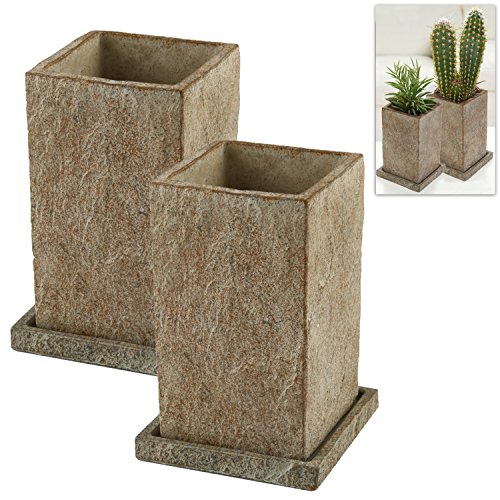 MyGift 8 inch Cement Textured Square Planter Pots with Removable Drainage Tray Set of 2 Brown