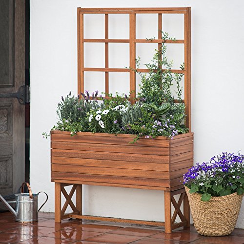 Best Selling Large Raised Solid Acacia Wood Outdoor Garden Porch Planter Box With Trellis- This Beautiful Solid Oil Rubbed Acacia Wood Garden Box Is Perfect For Veggies Flowers- Roomy Adjustable New