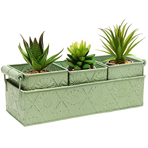 MyGift Metal Floral Design Country Rustic Style Home Garden Planter Box Tray w 3 Containers - Green
