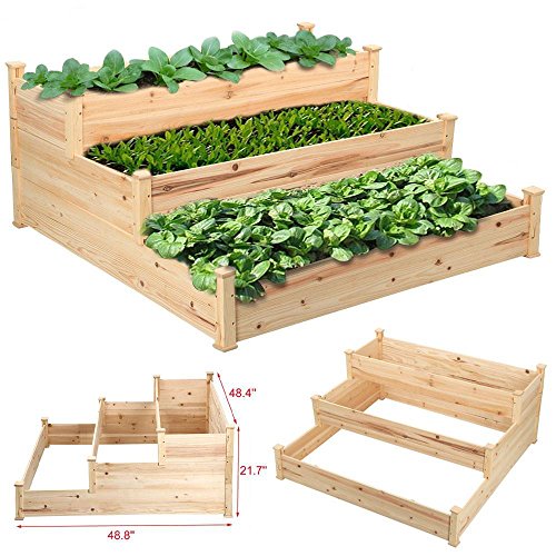 go2buy 3-Tier Cedar Wood Elevated Planter Garden Vegetable Bed Natural 4ft x 4ft