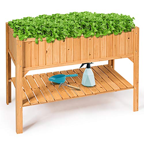Giantex Raised Garden Planter Bed Box Stand Outdoor Wooden Elevated Garden Planter with Shelf and Drain Holes Deluxe Rectangle Raised Planter to Grow Plants