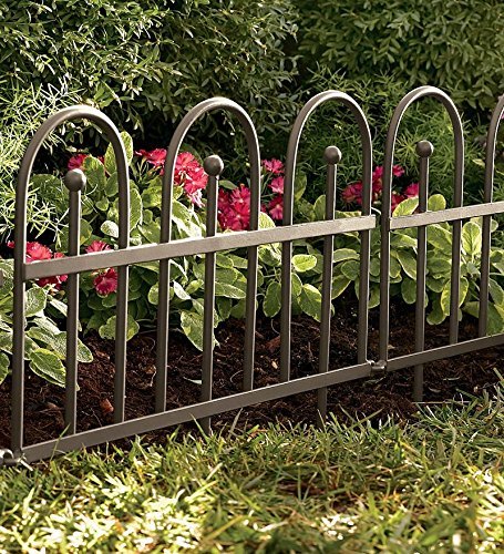Plow Hearth Iron Fence Style Wrought Iron Garden and Flower Bed Edging with Gunmetal Finish 8 Interlocking Sections with Ground Stakes 8 Sections - 120 L x 18 H