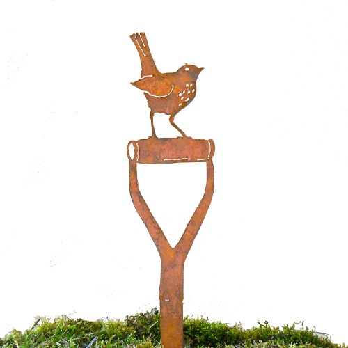 Elegant Garden Design Baby Robin Shovel Handle Steel Silhouette with Rusty Patina