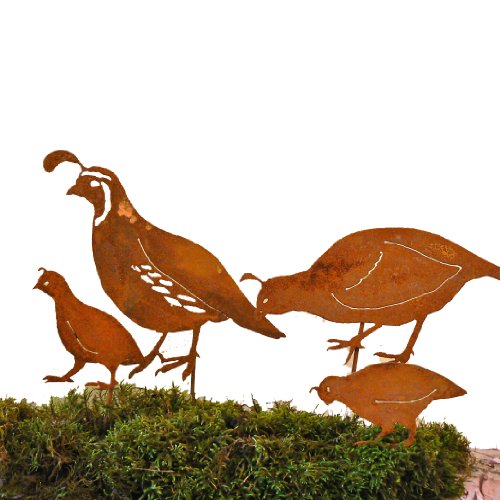 Elegant Garden Design California Quail Family Stake Steel Silhouette with Rusty Patina