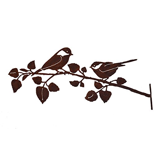 Elegant Garden Design Chickadees on Birch Branch Steel Silhouette with Rusty Patina