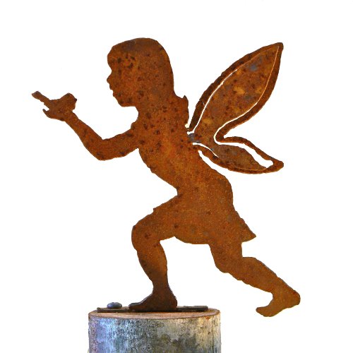 Elegant Garden Design Girl Fairy with Bird Steel Silhouette with Rusty Patina