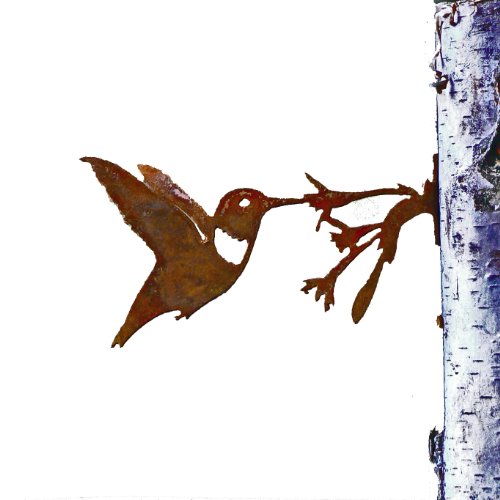 Elegant Garden Design Hummingbird With Flower Steel Silhouette With Rusty Patina