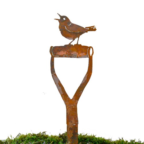 Elegant Garden Design Singing Warbler Shovel Handle Steel Silhouette with Rusty Patina