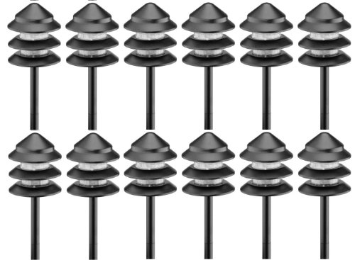 Set Of 12 Malibu Lt13 Low Voltage Metal Three Tier 7-watt Landscape Lights, Black