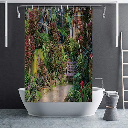 C COABALLA Beautiful Tropical Style Garden idea Concrete Pavement and Bamboo Wall Eco Friendly Shower Curtain with HooksNo Chemical Odor and Rust Proof Grommet