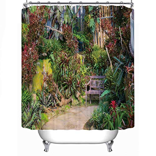 MOOCOM Beautiful Tropical Style Garden idea Concrete Pavement and Bamboo Wall Waterproof Shower Curtain04285379L x 71W