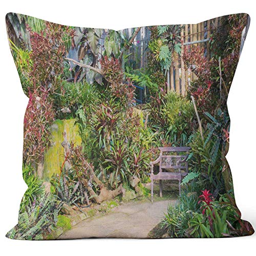Nine City Beautiful Tropical Style Garden idea Concrete Pavement and Bamboo Wall Home Decorative Throw Pillow CoverHD Printing Square Pillow case18 W by 18 L
