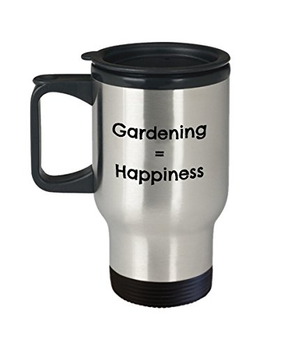 Stainless Steel Travel Mug GARDENING  HAPPINESS - with lid handle insulated great gardener gift idea