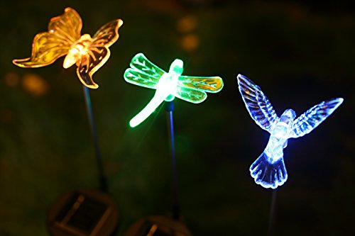 Maggift Fairy Garden Stake Lights Hummingbird Butterfly and Dragonfly Wireless Flashing Solar Animal lights Set of 3