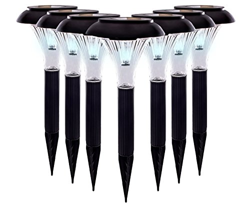 Qualitus Solar Powered LED Garden Stake Lights Perfect for Path Patio Deck Driveway featuring 2x lumen weatherproof construction energy saving long lasting no wires easy install 8 pack